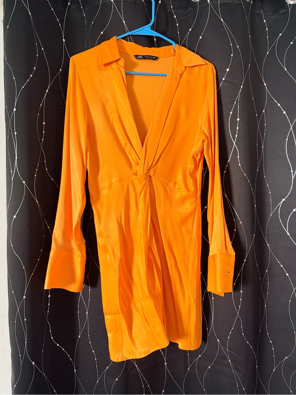 Zara Bright Orange Mini Dress with Twist Detail